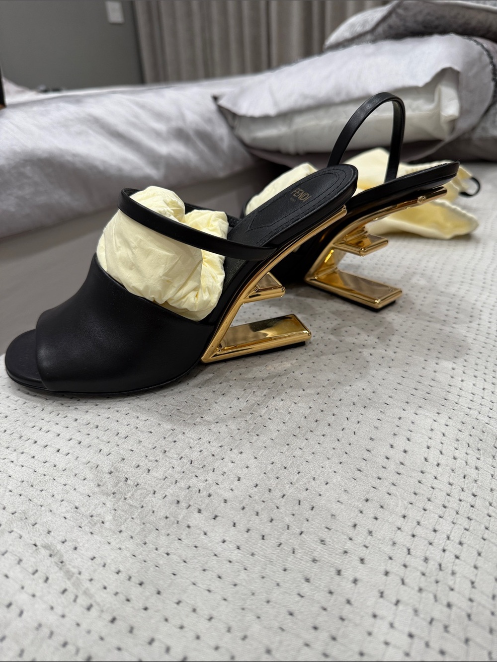 Fendi Black Leather Slingback Heels with Gold Sculpted Z Heel
